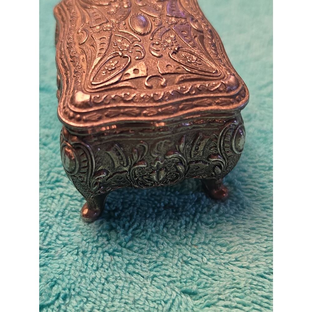 Vintage Art Nouveau Metal Casket Trinket Box Footed Jewelry Ring Case Red Lining - Picture 3 of 6